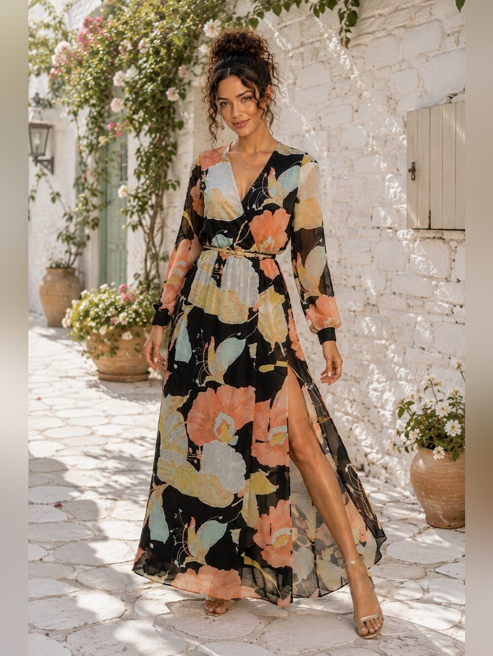 Lulus Black Floral Maxi Dress XS Surplice V Neck Side Slit Cottagecore Romantic